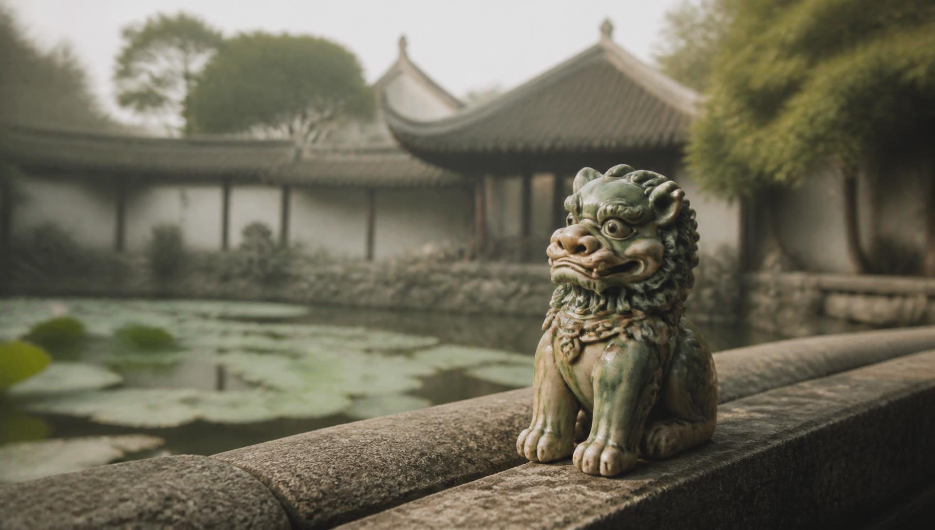 A Garden Guardian figure resting on a stone bridge in the Humble Administrator's Garden, Suzhou